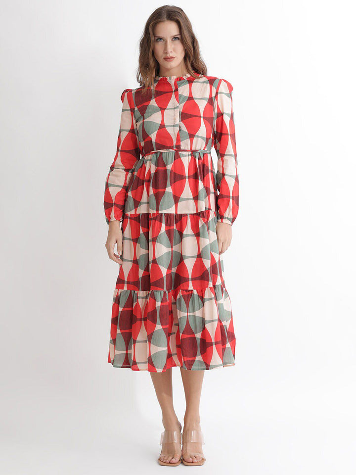 Rareism dicetak Puff Sleeves Cotton Fit & Flare Midi Dress