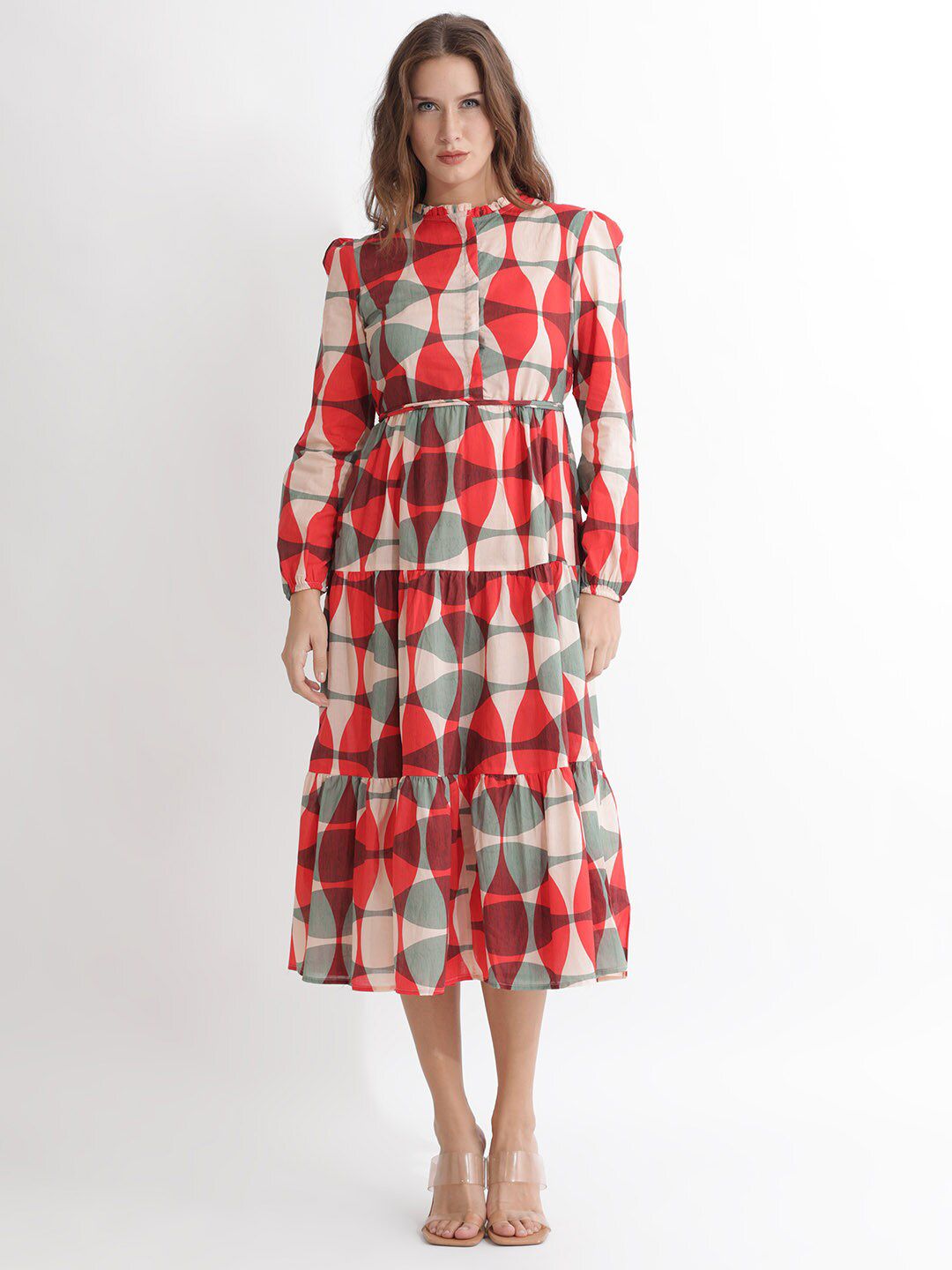 Rareism dicetak Puff Sleeves Cotton Fit & Flare Midi Dress
