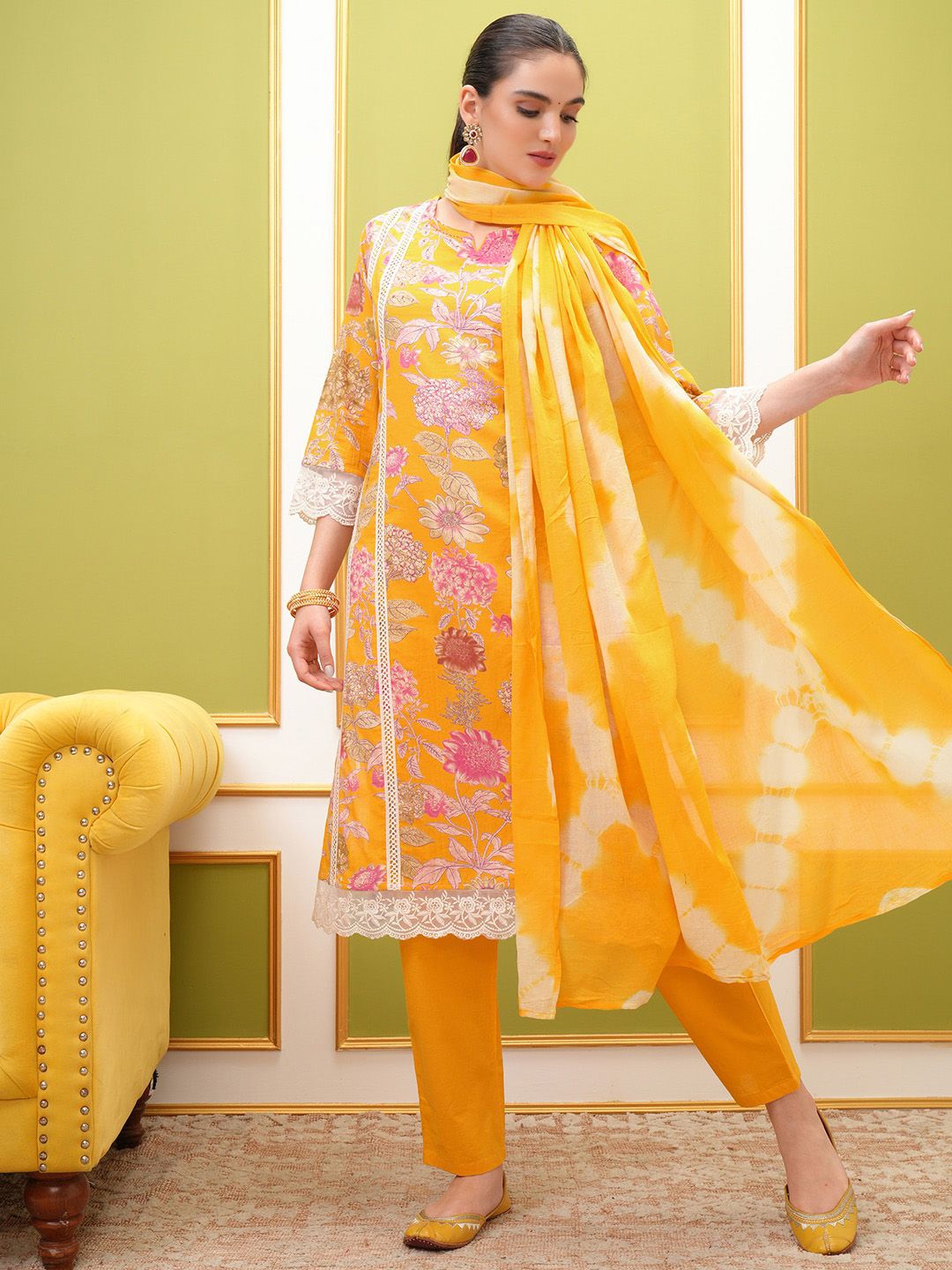 Vishudh Floral Printed Regular Thread Work Pure Cotton Kurta with Trousers & With Dupatta