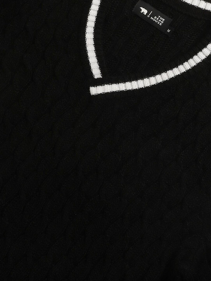 THE BEAR HOUSE Self Design V-Neck Woollen Pullover Sweater