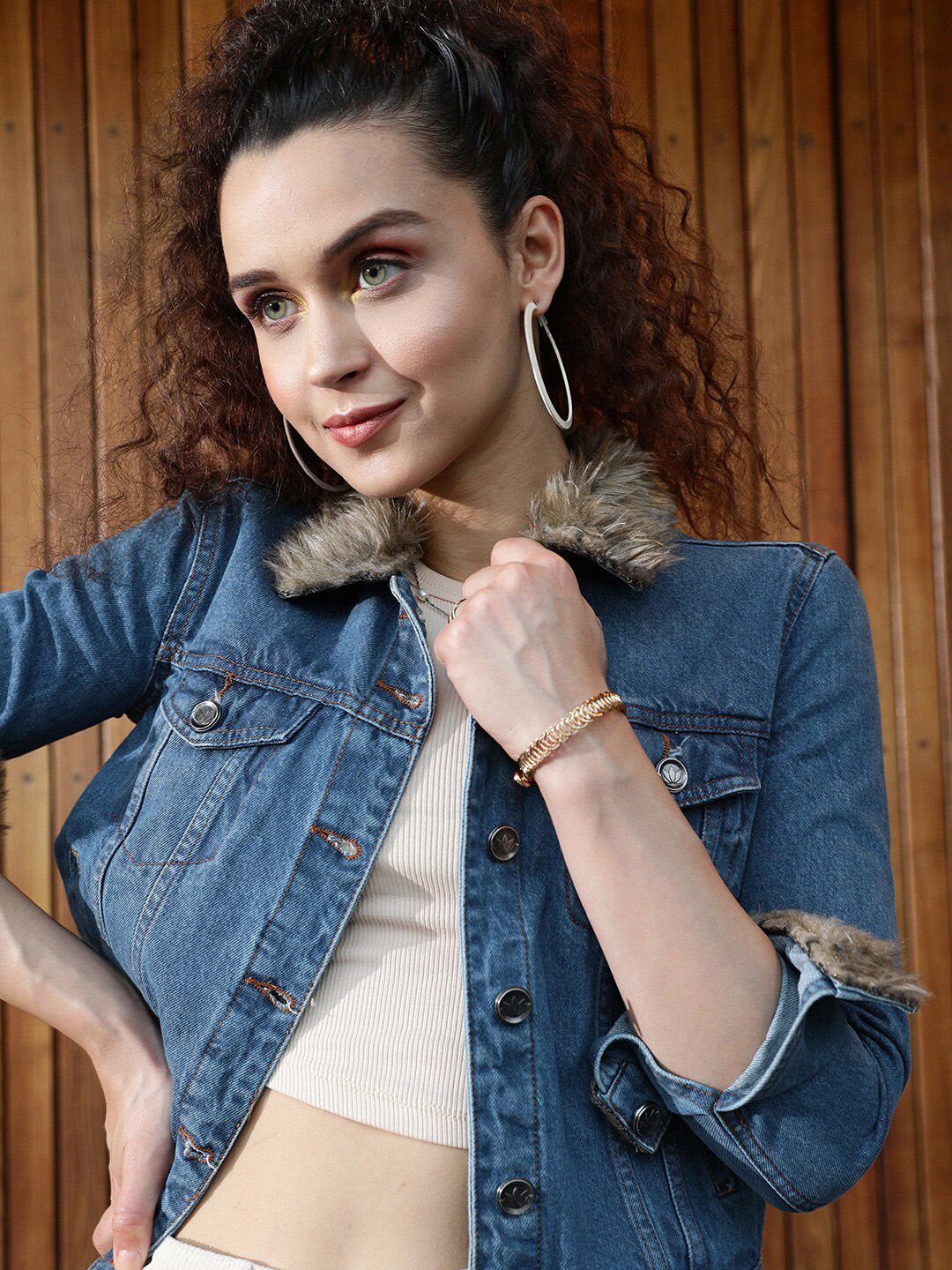 STREET 9 Women Blue Brown Cotton Denim Jacket