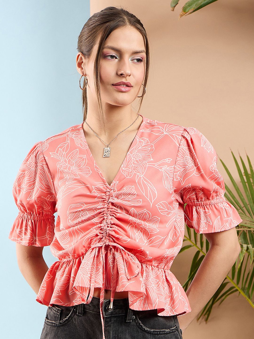 SASSAFRAS Peach Floral Printed Puff Sleeve Crop Waist Top