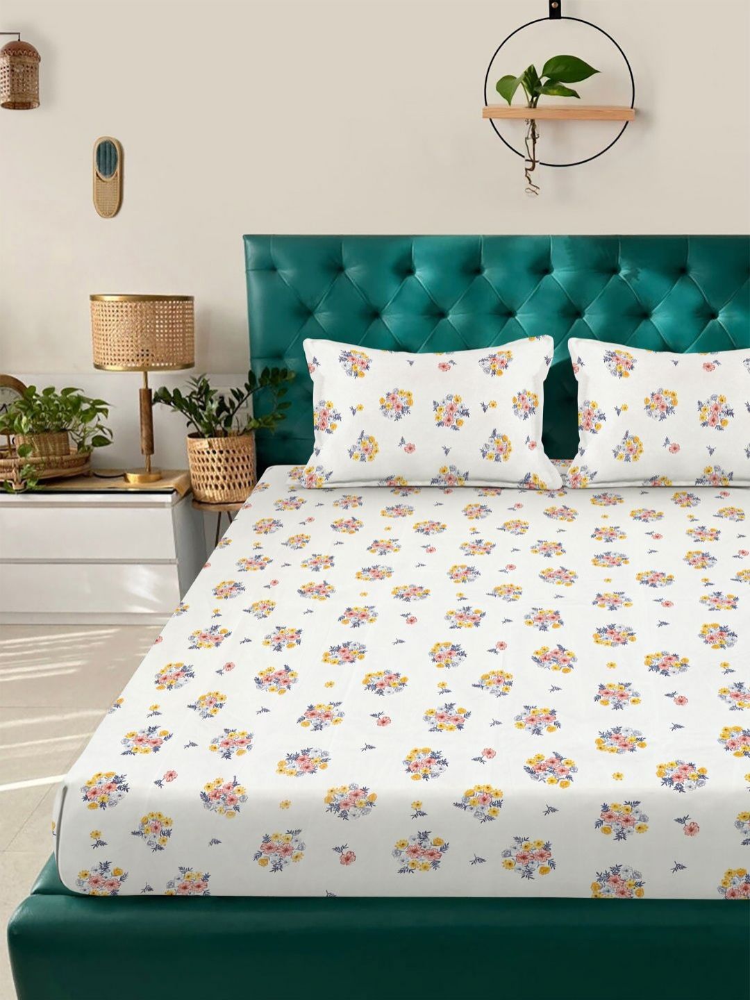 KLOTTHE Berwarna Krim & Bercetak Bunga Kuning Set Cadar King 300 TC 2.50 x 2.25 m
