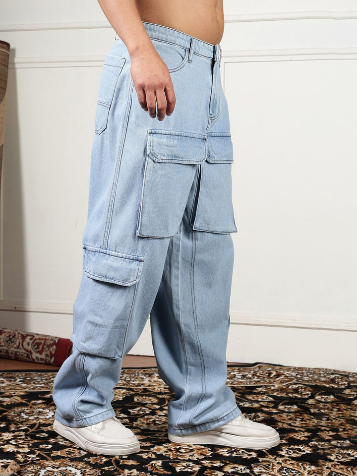 Eszett Men Blue Comfort High-Rise Longgar Cotton Cargos Seluar