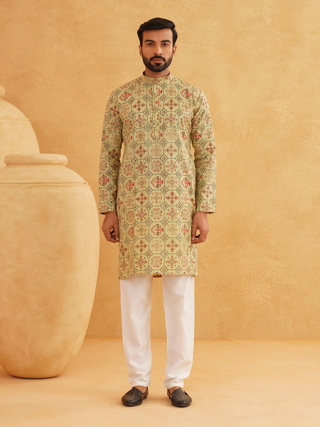 SOJANYA Motif Etnik Bercetak Kurta Kolar Mandarin Dengan Seluar