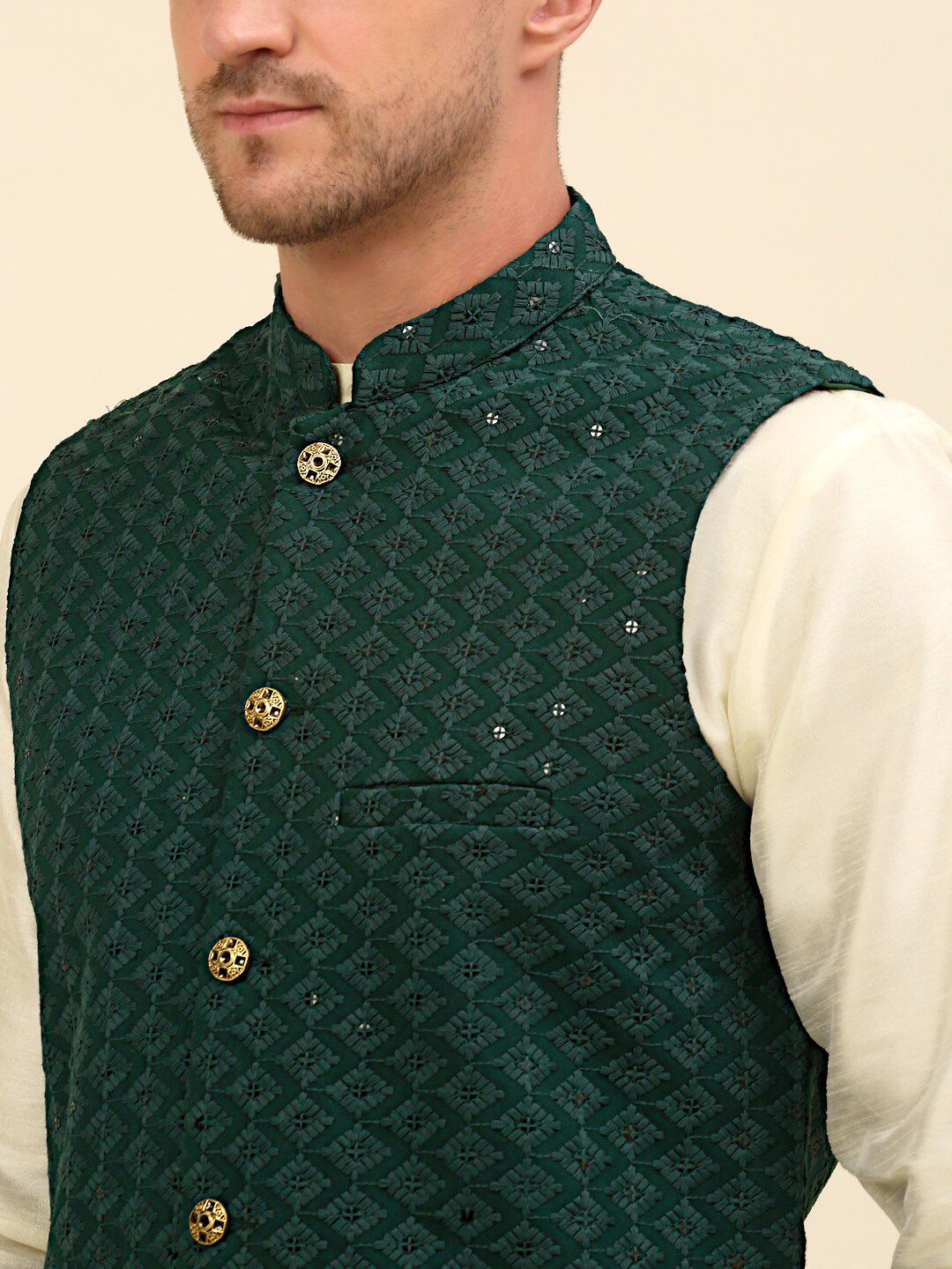 Anouk Olive Green Embroidered Sequinned Nehru Jacket