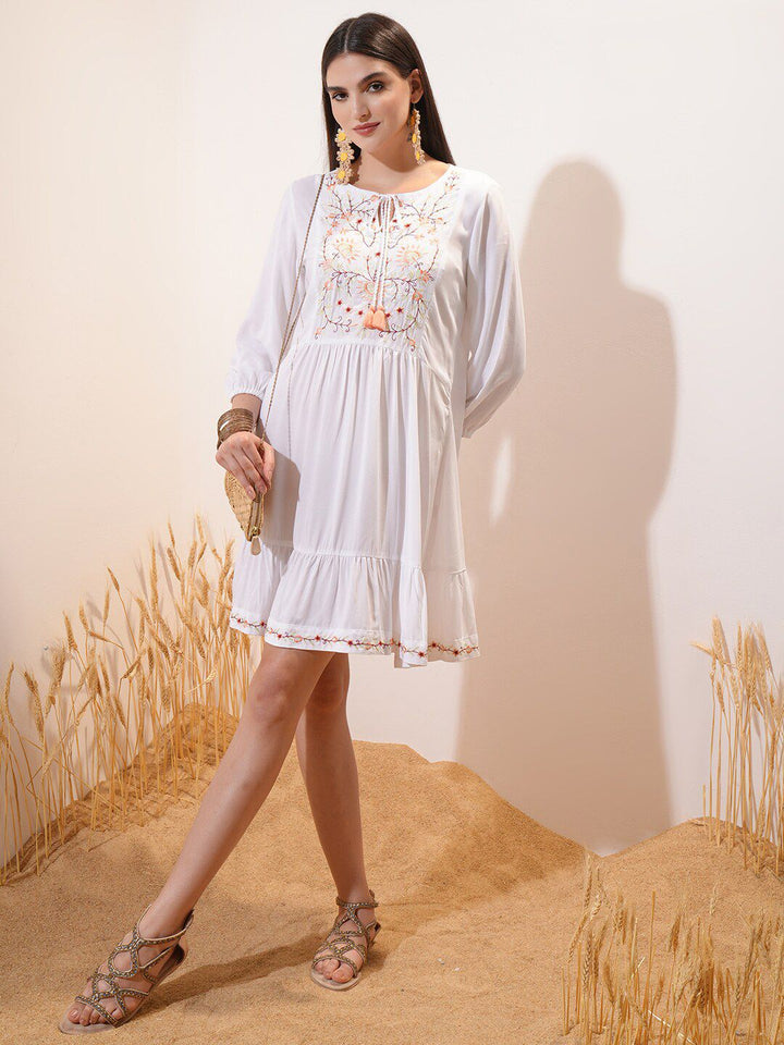 Vishudh White Floral Printed Tie-Up Neck Puff Sleeve Fit & Flare Dress