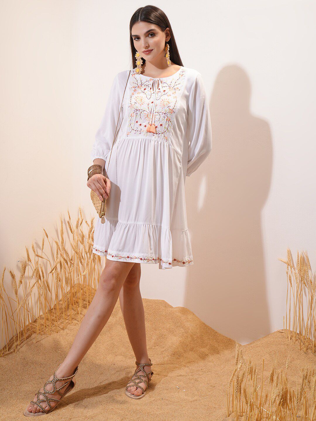 Vishudh White Floral Printed Tie-Up Neck Puff Sleeve Fit & Flare Dress