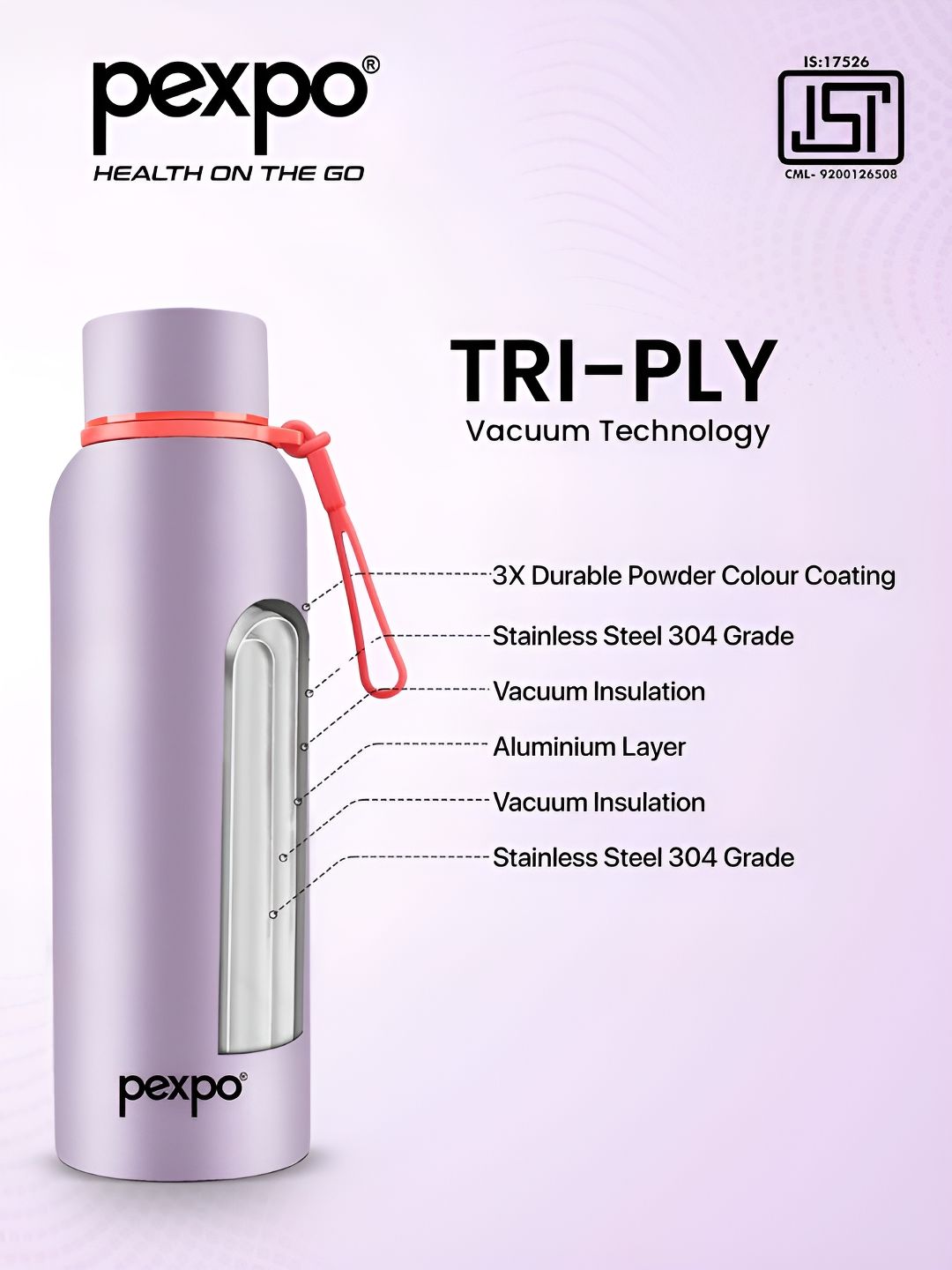 Pexpo Bravo Purple ISI Certified Thermosteel Hot and Cold Orchid Flask Water Bottle 1000ml