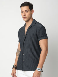 VASTRADO Men Classic Cuban Collar Textured Oversized Casual Shirt