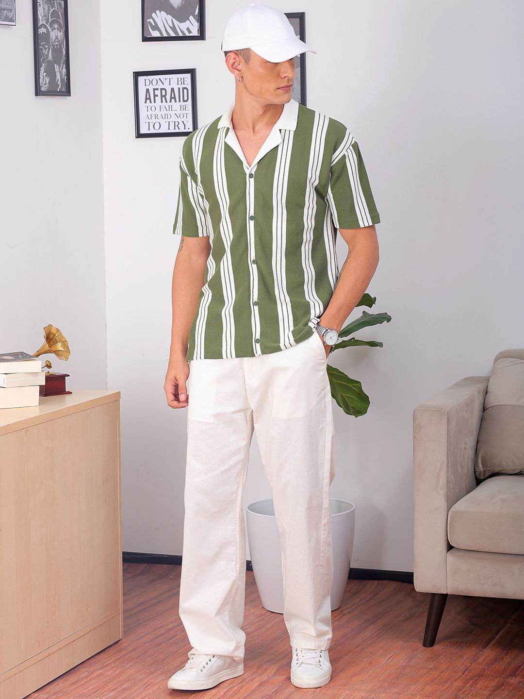 The Indian Garage Co Men Relaxed Fit Striped Flat Knit Polo Resortwear Shirt