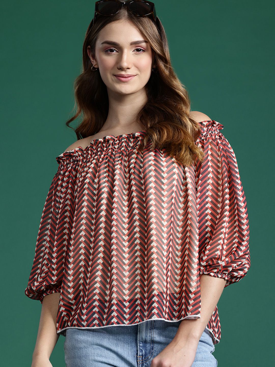 DressBerry Chevron Print Off-Shoulder Bardot Top