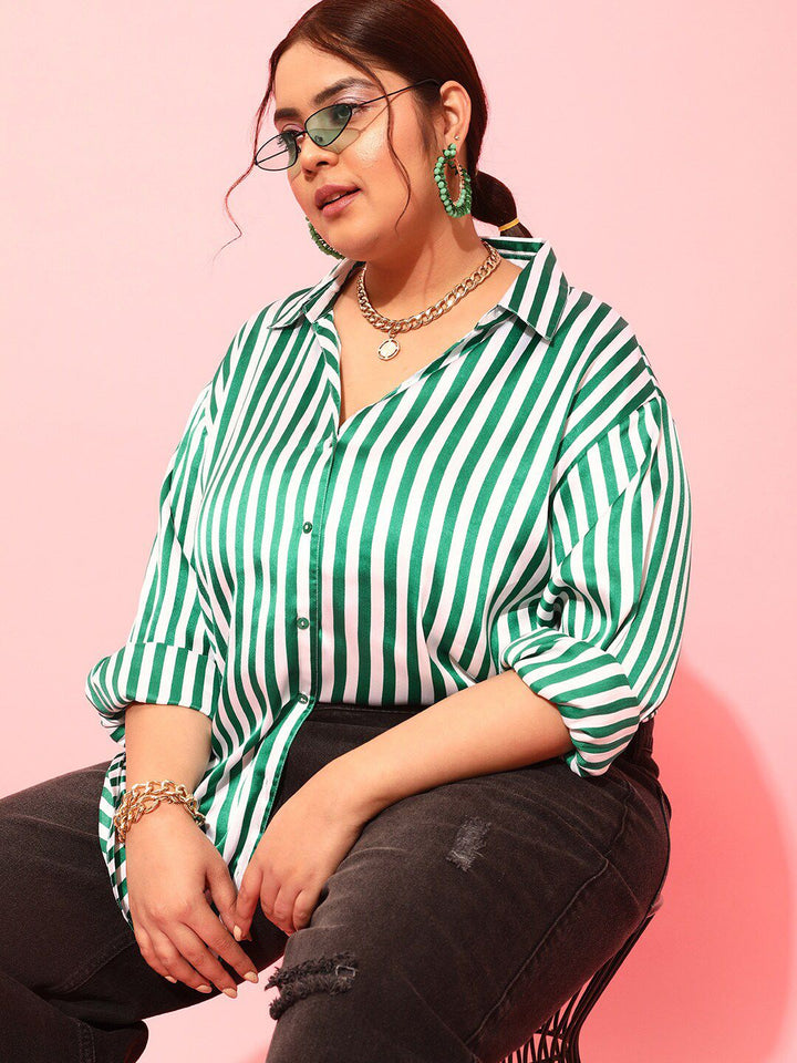 CURVY STREET Plus Size Green & White Vertical Striped Spread Collar Comfort Satin Shirt