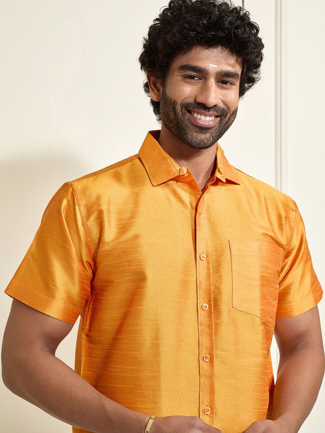 VASTRAMAY Premium Spread Collar Silk Shirt