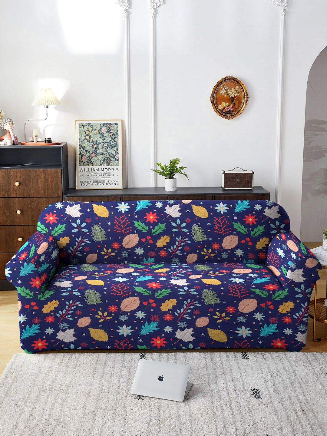 Cortina Navy Blue Printed Three Seater Sofa Cover