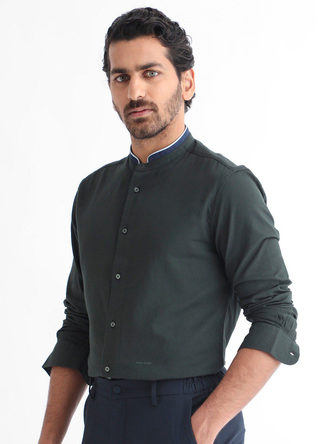 RARE RABBIT Men Tehran Band Collar Slim Fit Shirt