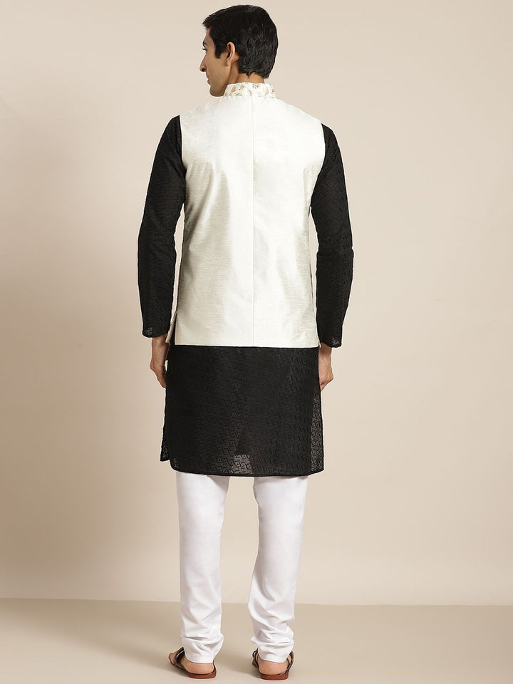 SOJANYA Men Black Chikankari Pure Cotton Kurta with Churidar & Nehru Jacket