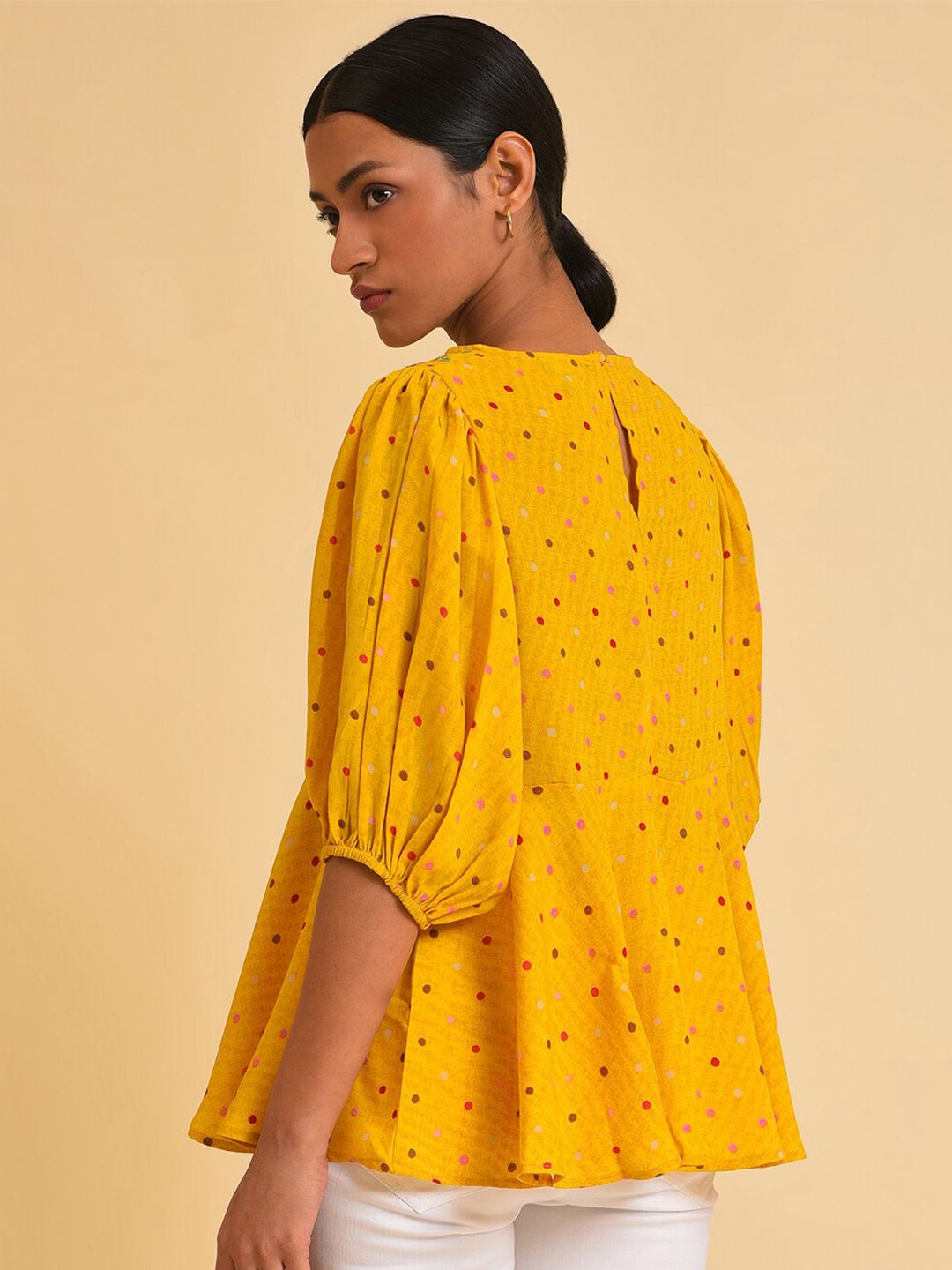 W Yellow Polka Dots Printed Puff Sleeves Embeoidered Pepium Top