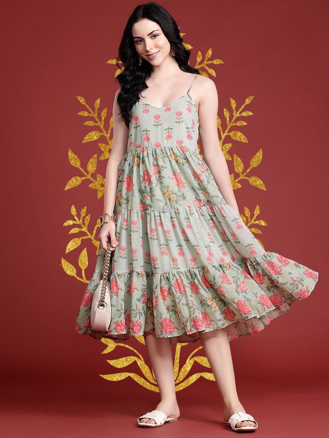Anouk Floral Printed Tiered A-Line Ethnic Dress
