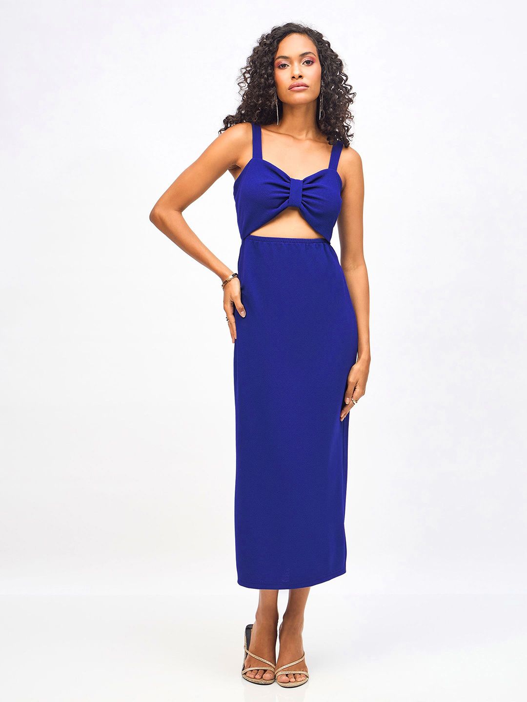 SASSAFRAS Shoulder Strap Waist Cut Out Bodycon Midi Dress