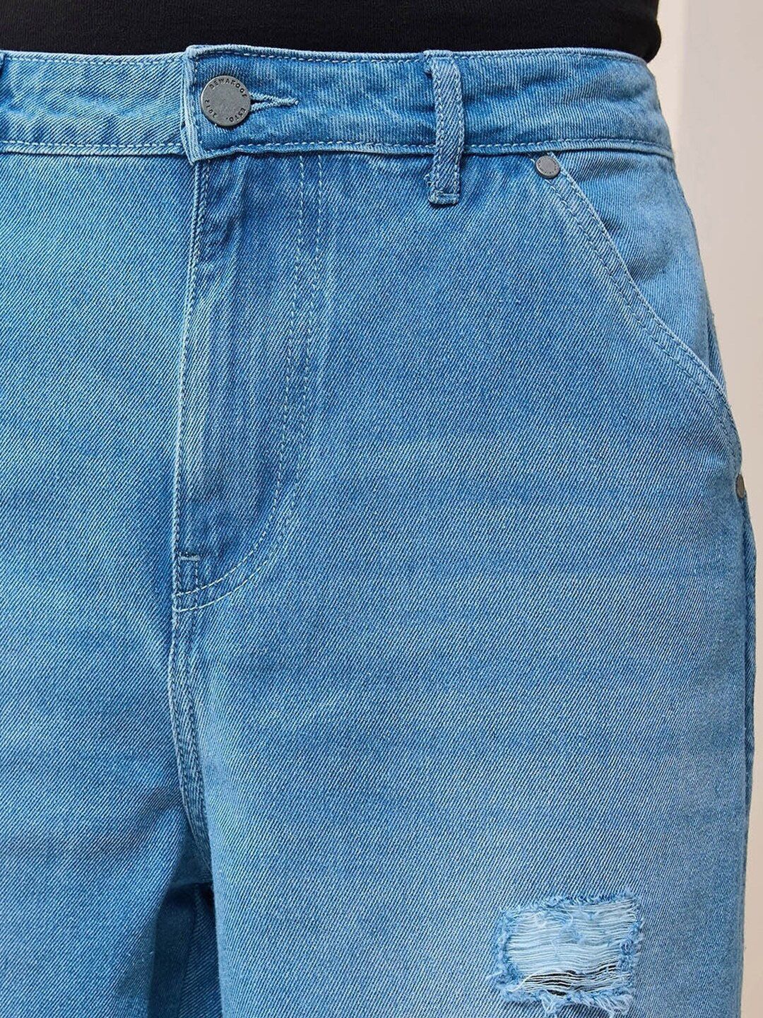 Bewakoof Straight Fit High-Rise Mildly Distressed Light Fade Organic Cotton Baggy Jeans