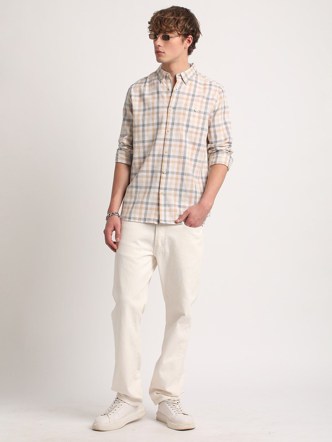 THE BEAR HOUSE Tartan Checked Slim Fit Cotton Linen Casual Shirt