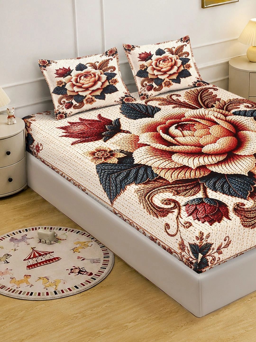 Moda Rapido X KLOTTHE Beige & Red Floral 400 TC Cadar Katil King dengan 2 Sarung Bantal