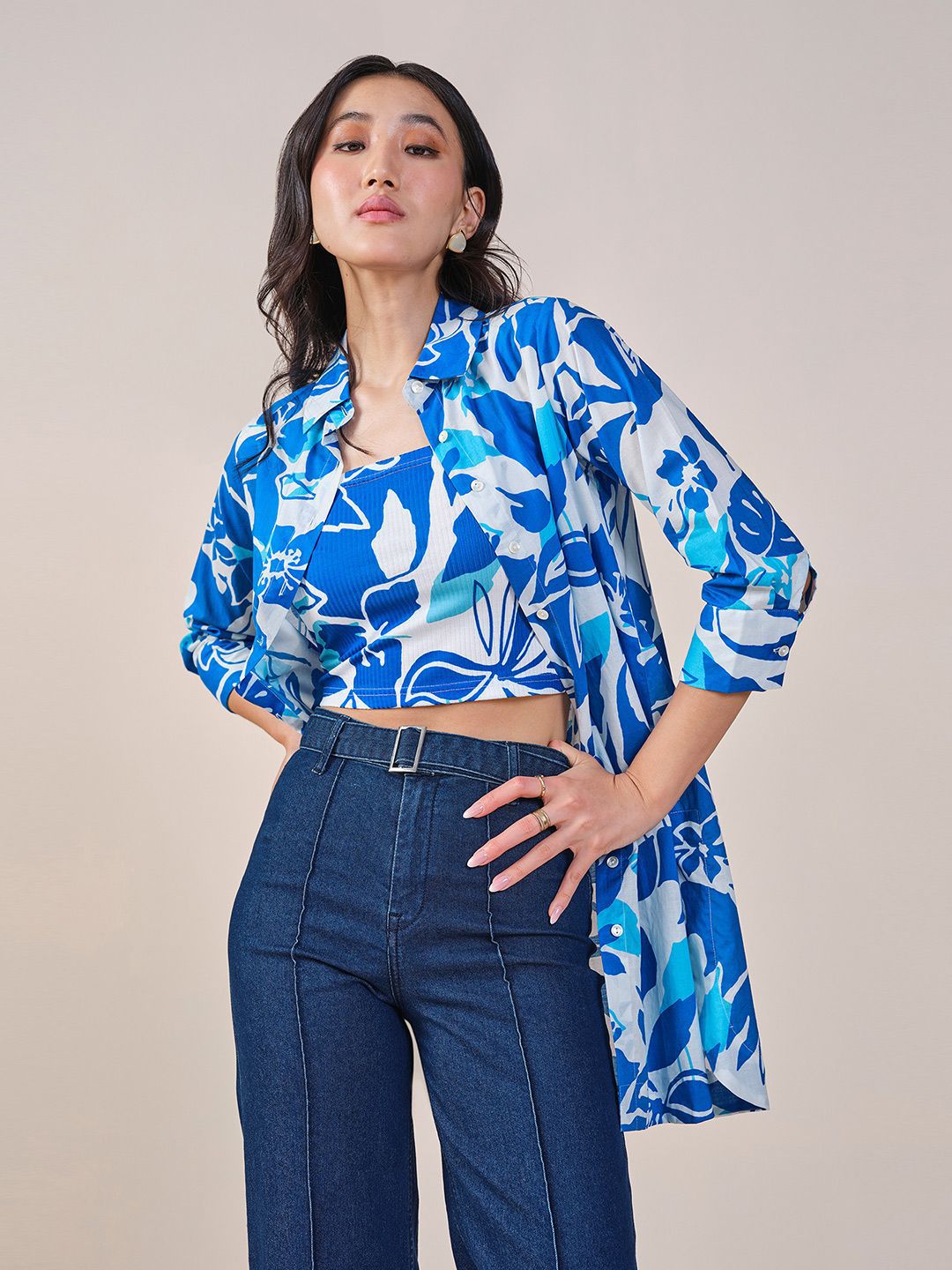 AND Floral Print Cotton Shirt Style Longline Cotton Top