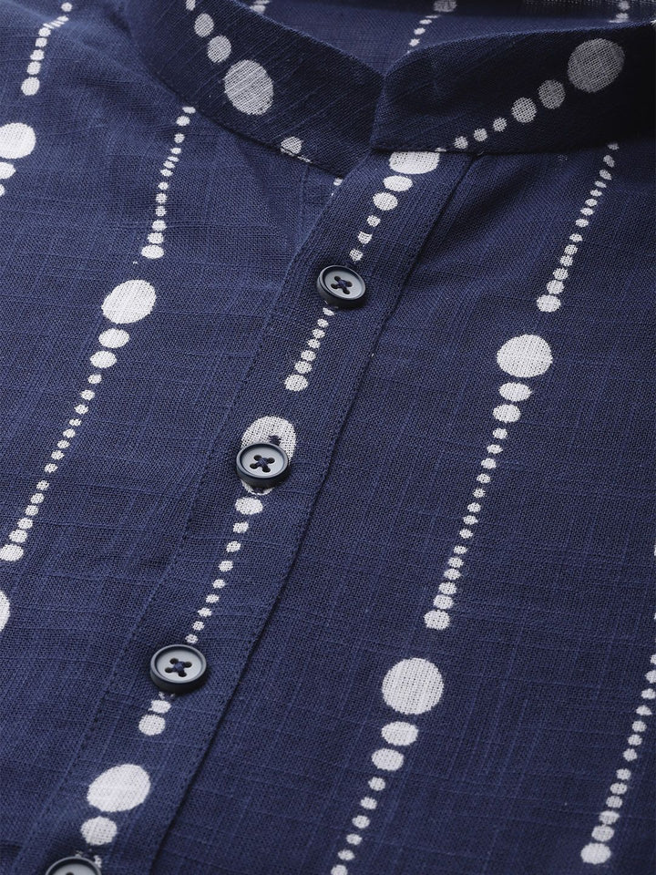 See Designs Men Navy Blue & White Printed Pure Cotton Straight Kurta