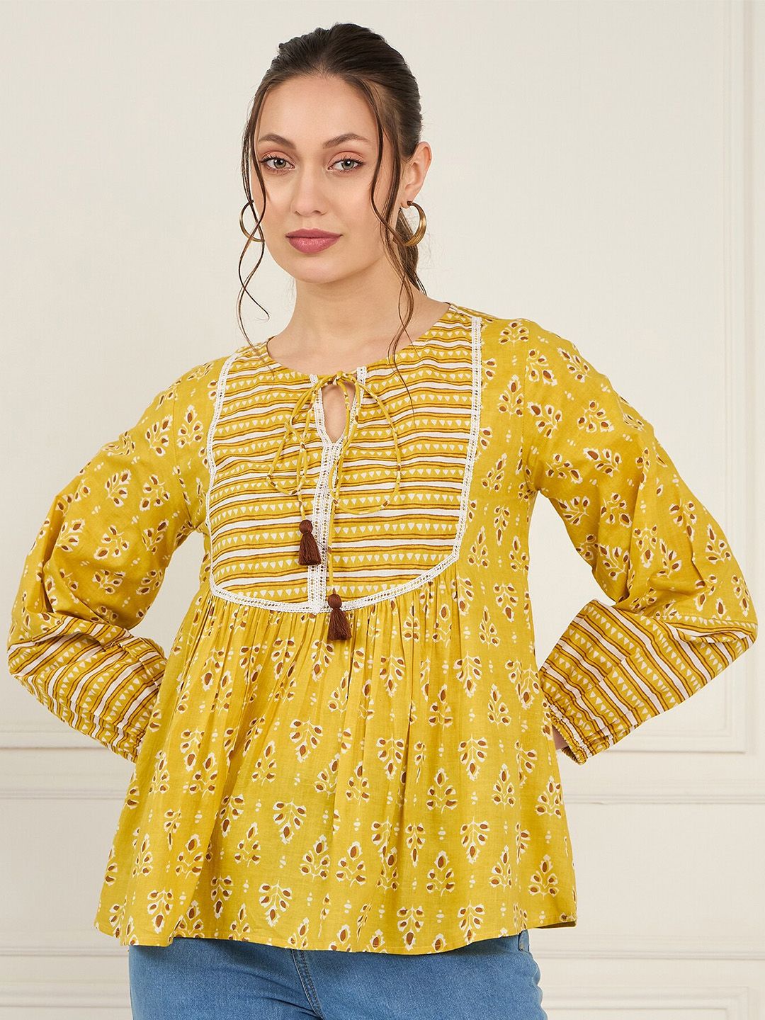 Antheaa Print Tie-Up Neck Puff Sleeve Cotton Top