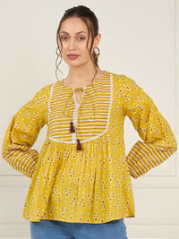 Antheaa Print Tie-Up Neck Puff Sleeve Cotton Top