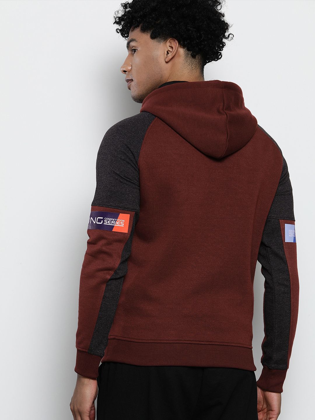 The Indian Garage Co Men Maroon & Black Colourblocked Hooded Sweatshirt