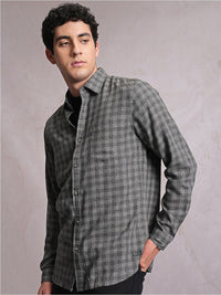 Locomotive Men Grey Linen Blend Textured Checked Regular Shirt