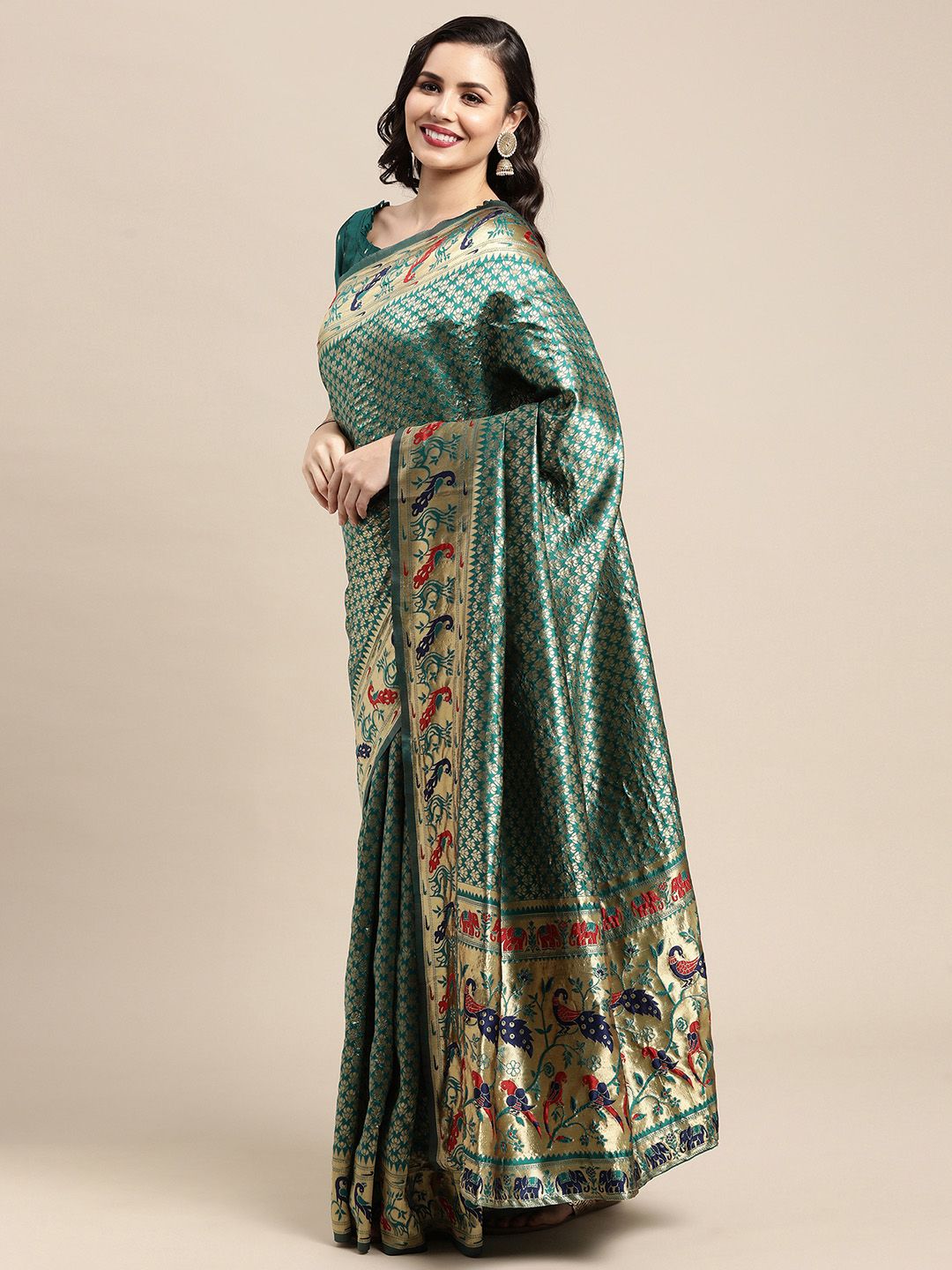 Saree mall Teal & Red Woven Design Zari Silk Blend Paithani Sarees