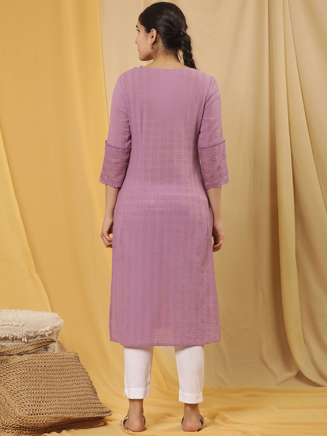 W Purple Floral Yoke Design Thread Work Pure Cotton Straight Kurta