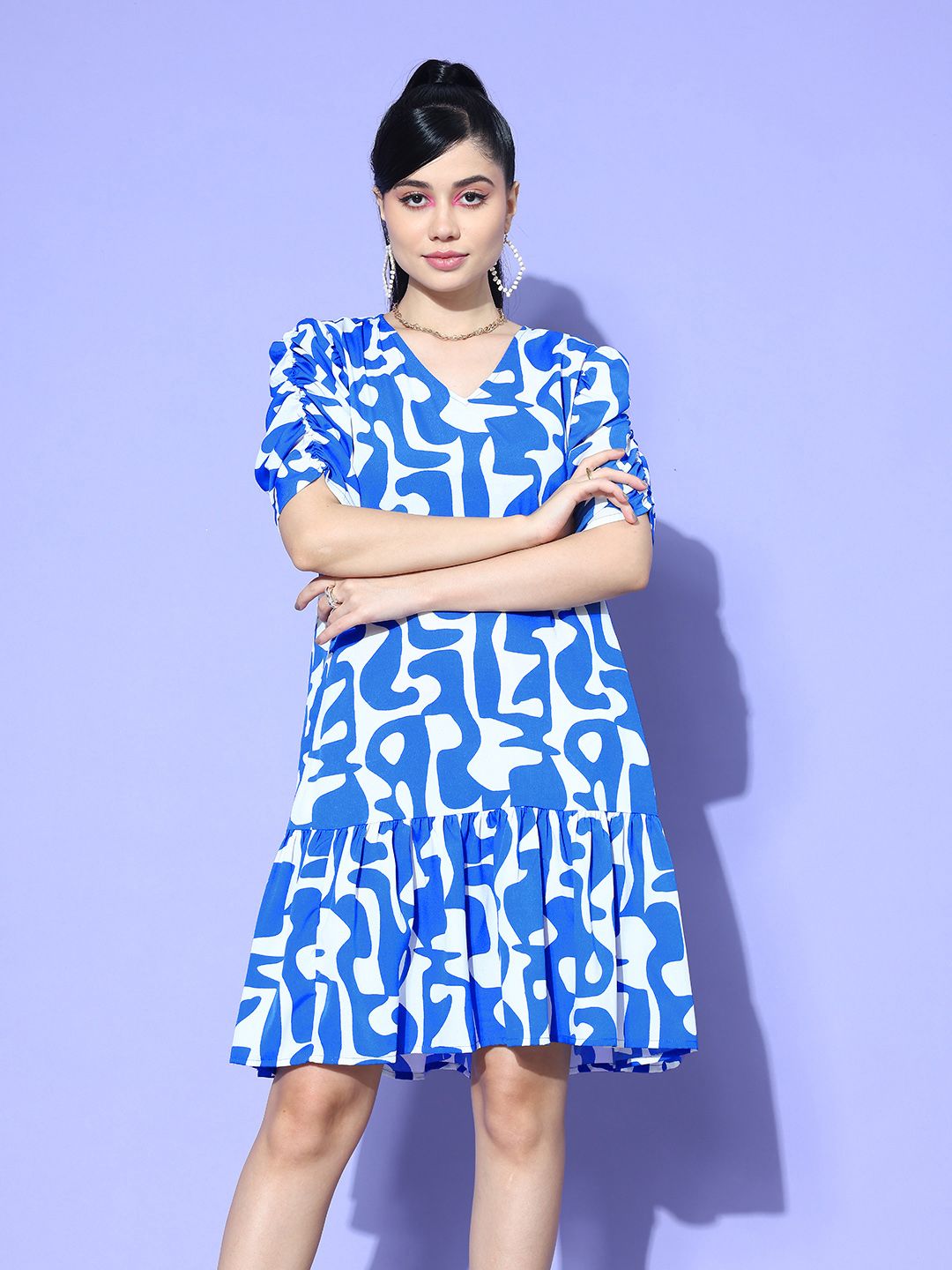 Antheaa Printed Puff Sleeve Crepe A-Line Dress