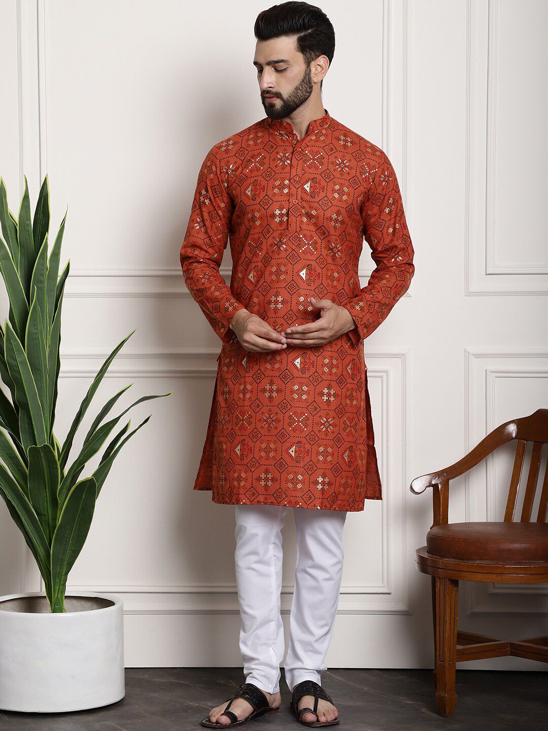 SOJANYA Ethnic Motifs Printed Band Collar Straight Kurta With Churidar