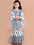 pspeaches Girls Blue Printed Pleated Pure Cotton Kurta with Sharara & Dupatta
