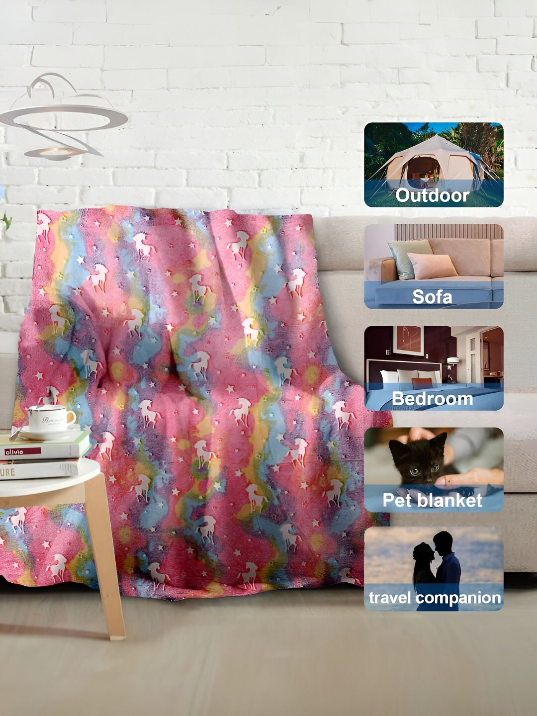 Cortina Glow In The Dark Peach-Coloured & Blue Printed Fleece AC Room Single Bed Blanket