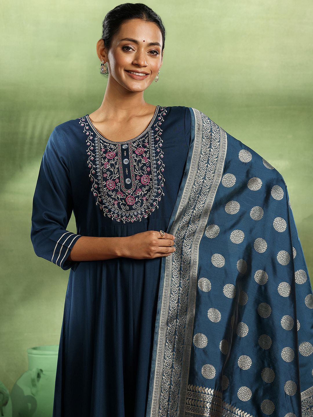 Libas Womens Navy Blue Yoke Design Viscose Anarkali Kurta With Trousers & Dupatta