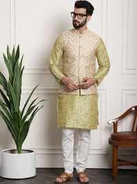 SOJANYA Floral Printed Mandarin Collar Kurta With Churidar & Nehru Jacket
