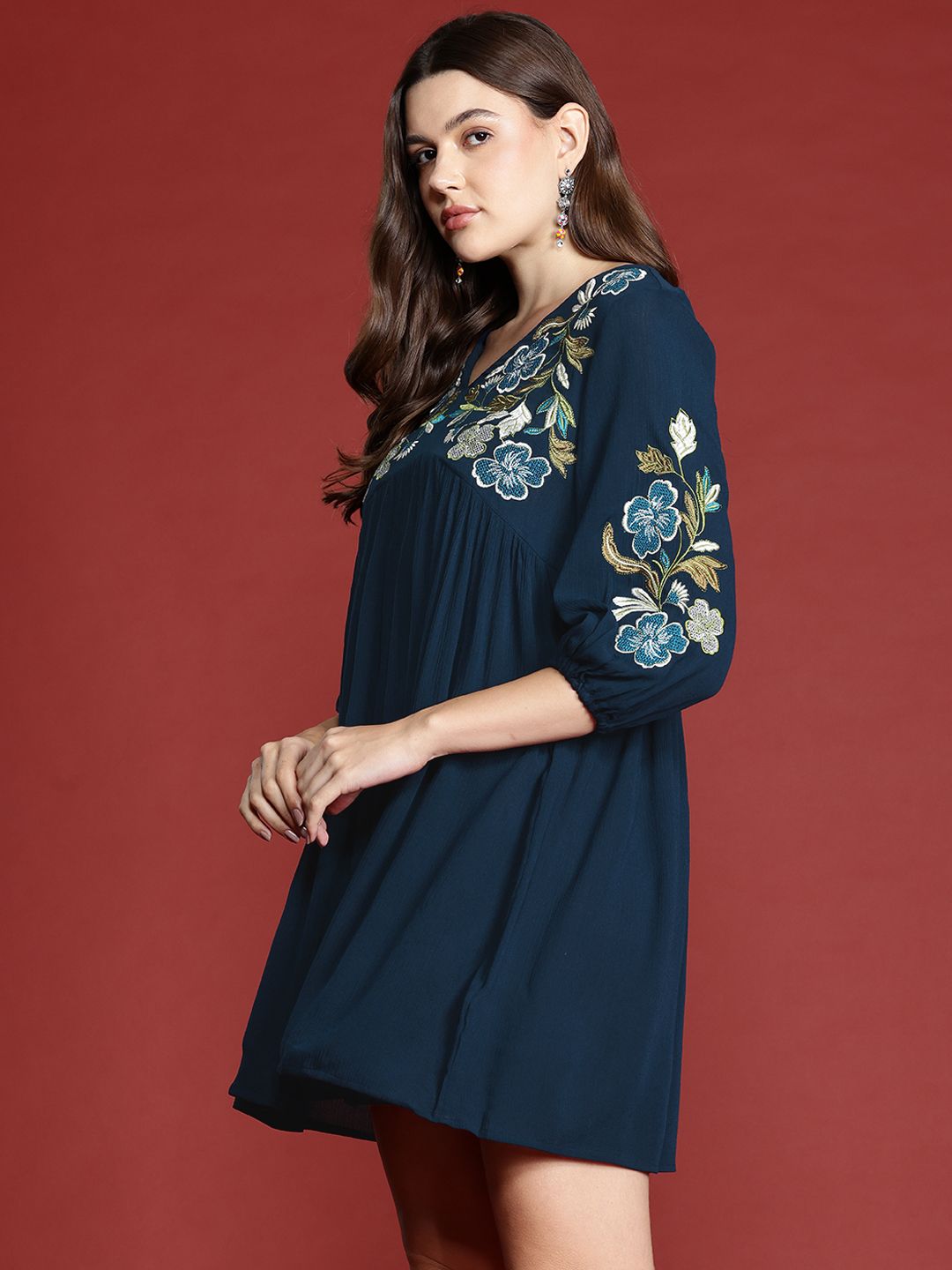 all about you Floral Embroidered Empire Mini Dress