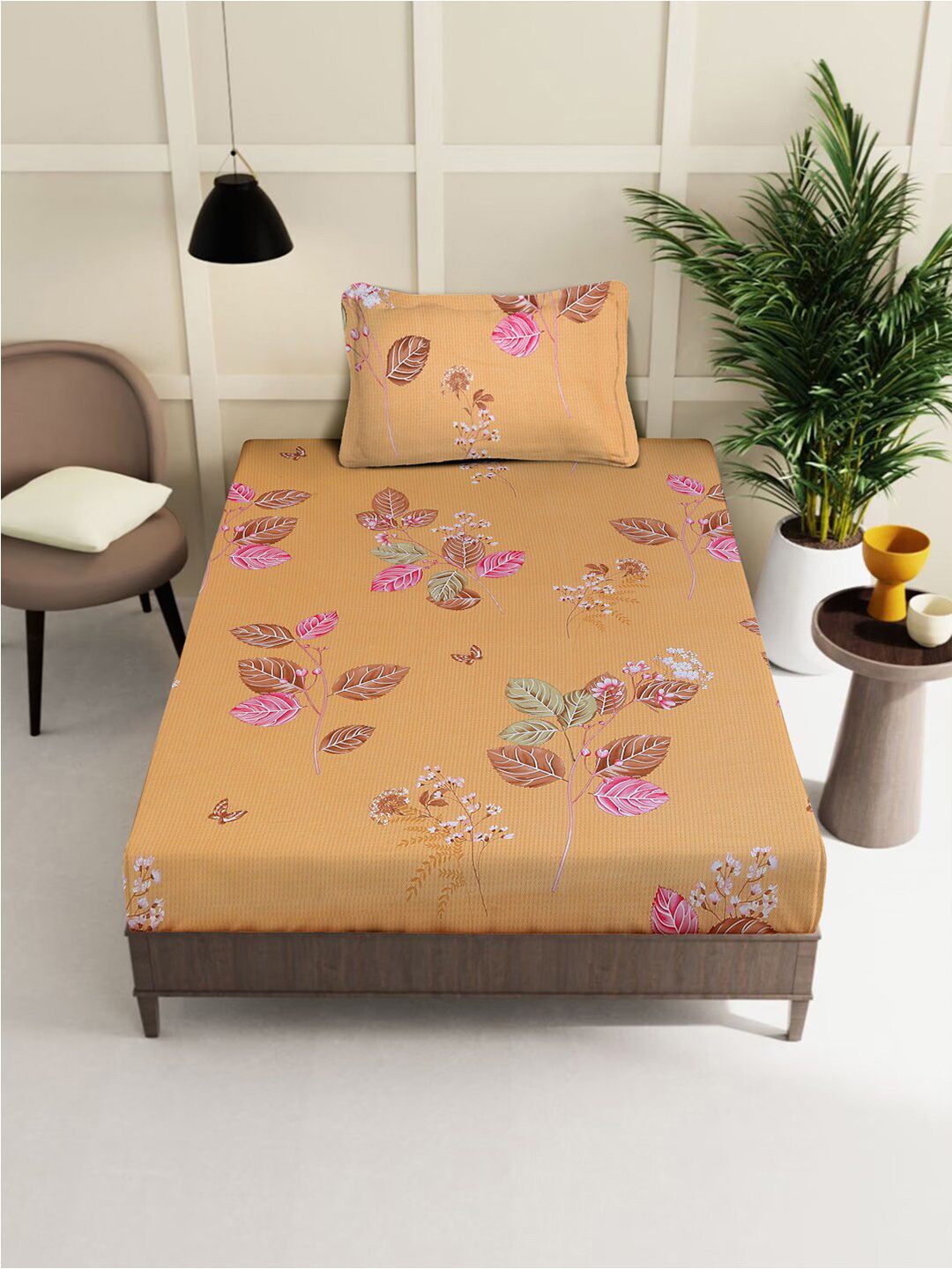KLOTTHE Yellow Floral Pure Cotton 400 TC Single Superfine Bedsheet with a Pillow Cover-225 x 150 cm
