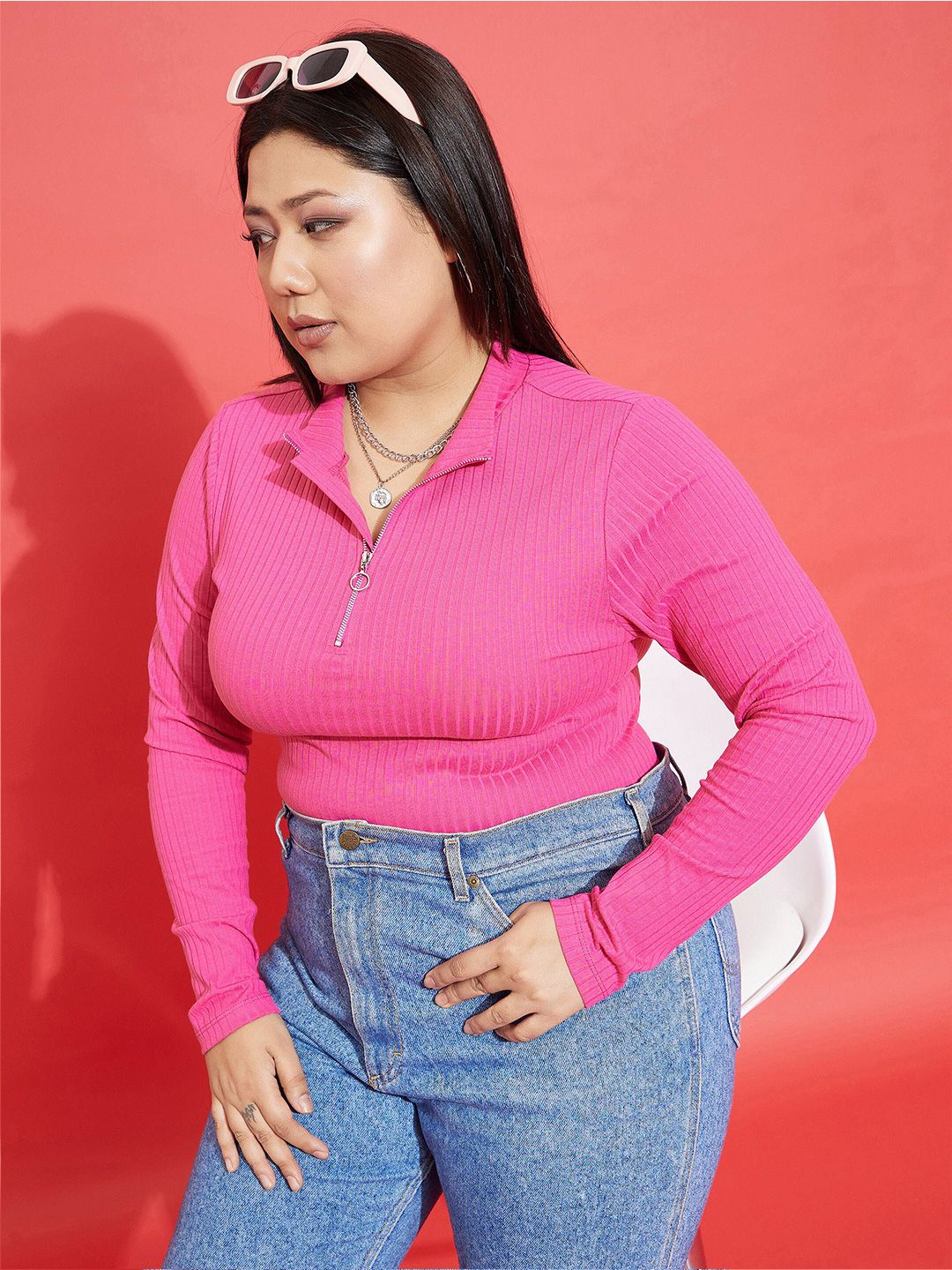 SASSAFRAS Curve Plus Size Self Design Shirt Collar Front Zip Detail Top