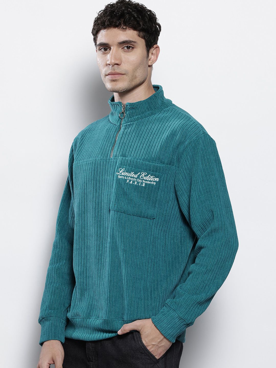 The Indian Garage Co Self Striped Typography Printed Corduroy Relaxed Fit Sweatshirt