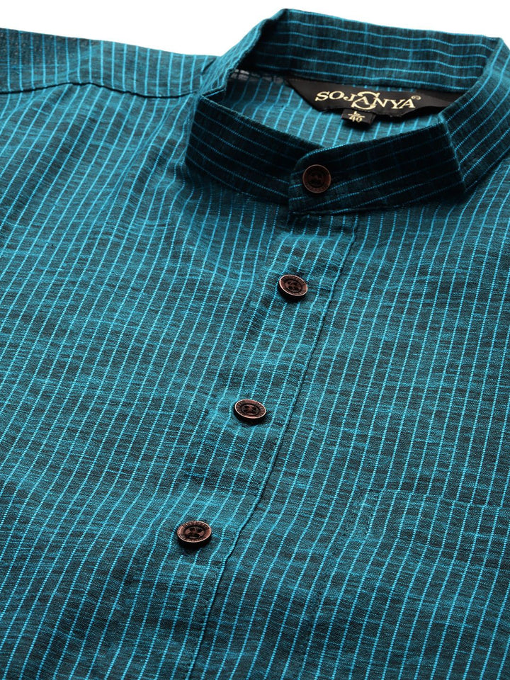 SOJANYA Lelaki Teal Blue Pure Cotton Striped Kurta