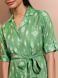 Vishudh Green Ethnic Motifs Printed Spread Collar Shirt Midi Dress