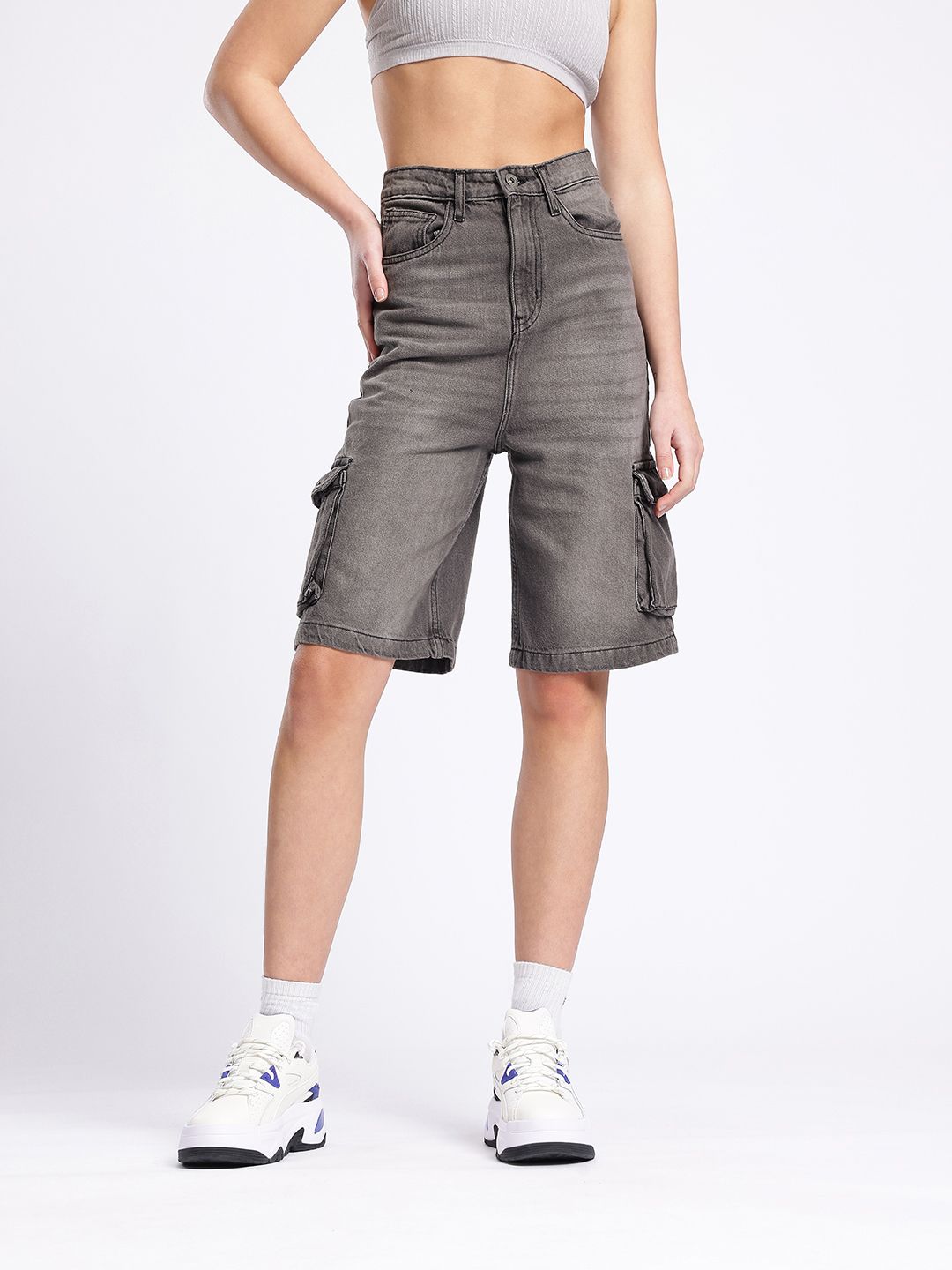 DressBerry Women Urban Cool Washed High-Rise Cargo Denim Shorts