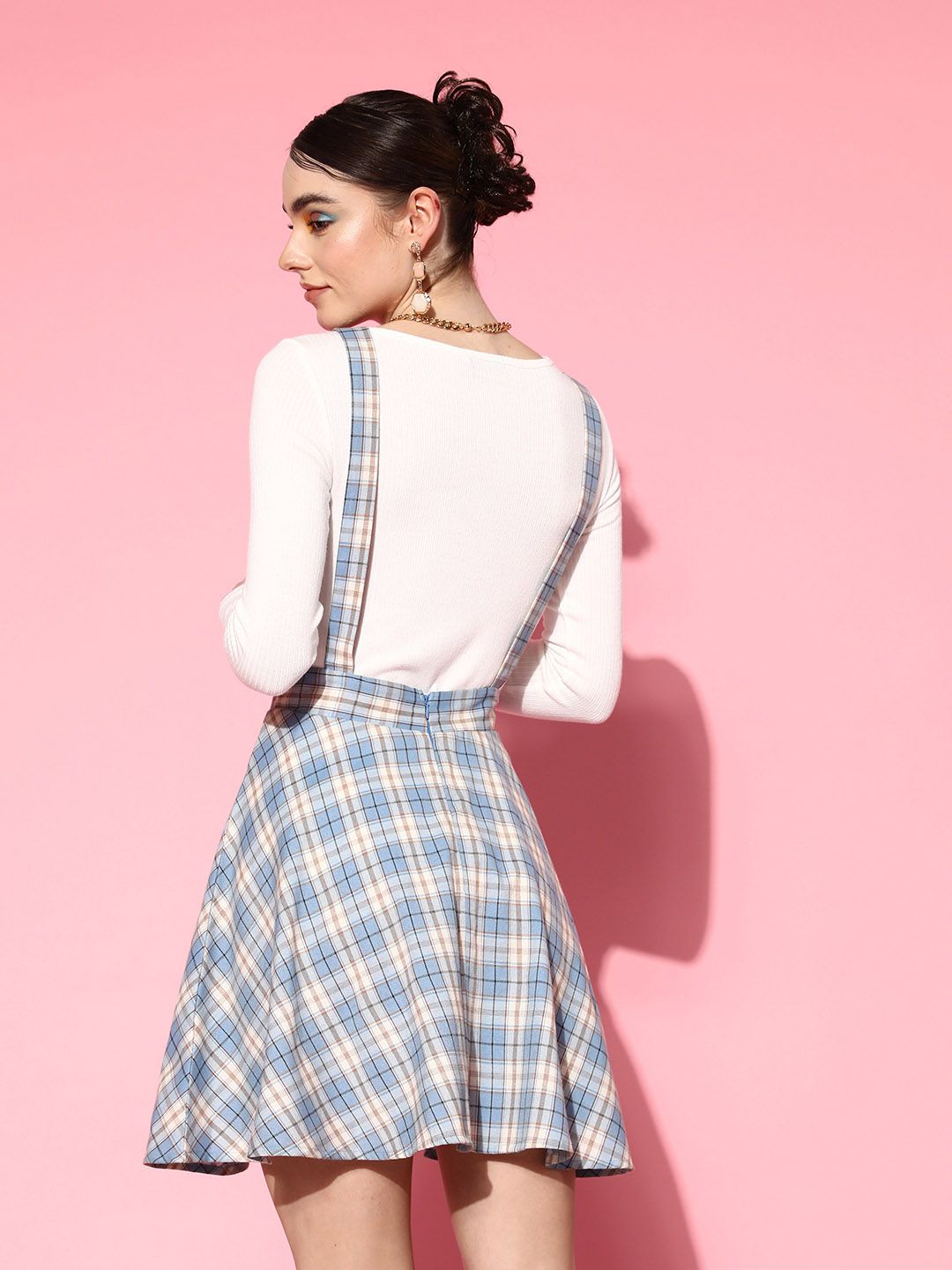 Berrylush Blue & White Checked Crepe Pinafore Mini Dress