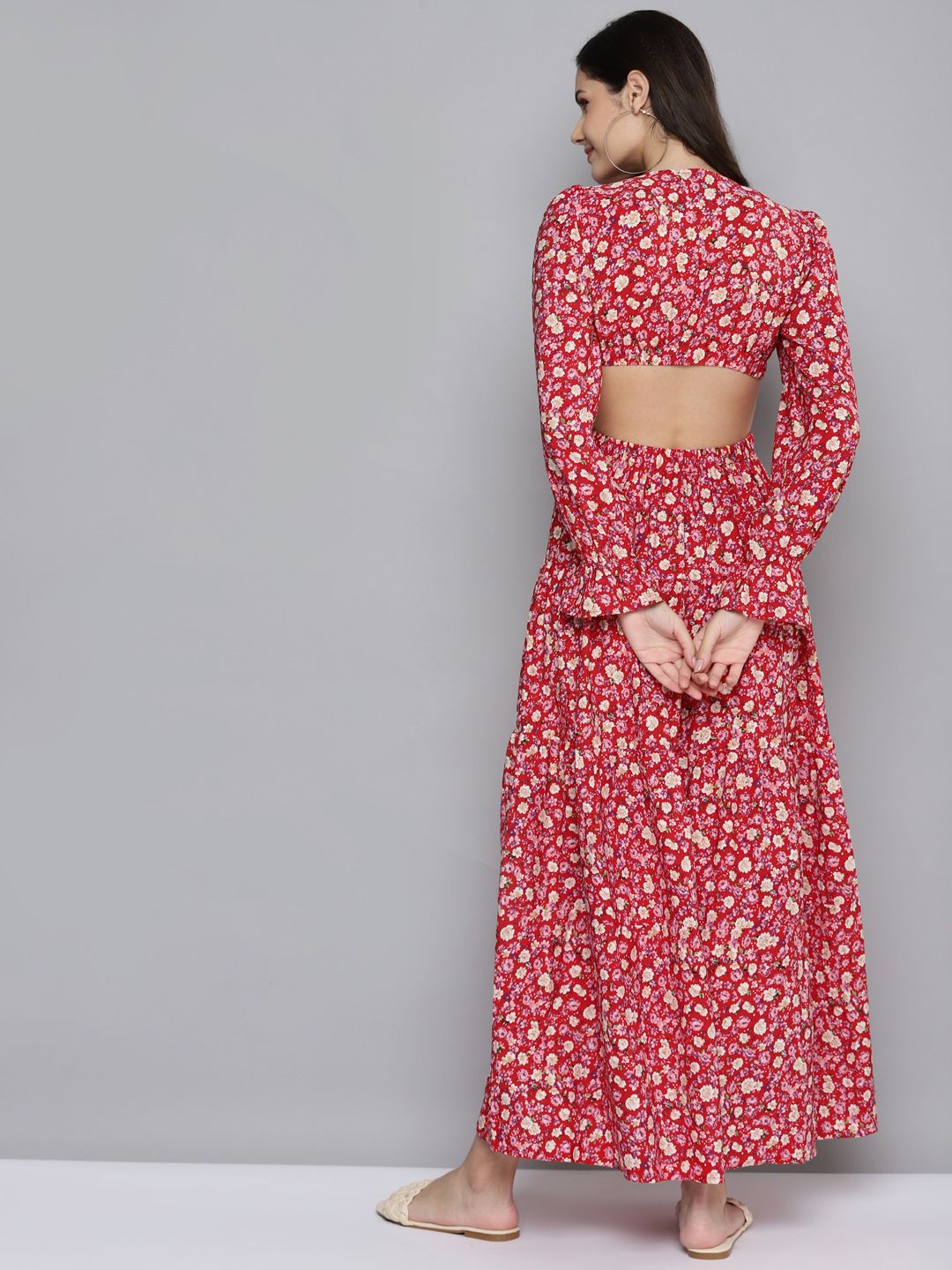 SASSAFRAS Red & Beige Floral Waist Cut-Out Maxi Dress